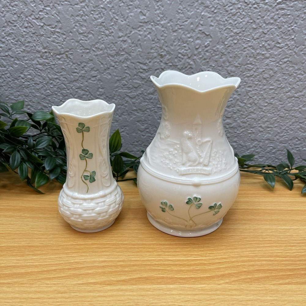 Vintage Belleek Ireland Shamrock Vases Set 2 Parian China Basketweave Fortunes